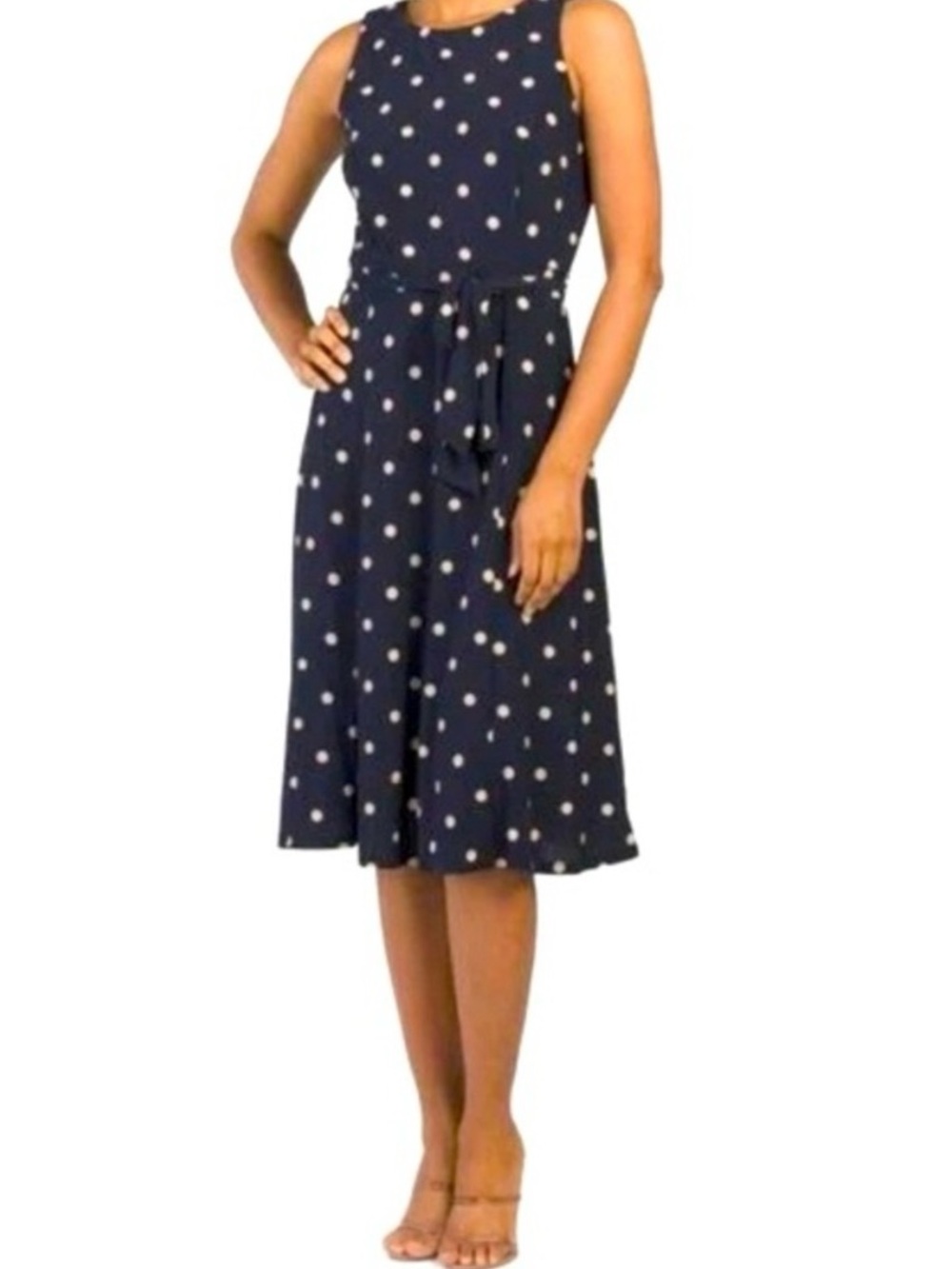 Anne Klein Polka Dot Sleeveless Midi Fit & Flare Belted Dress 16 - Picture 2 of 10